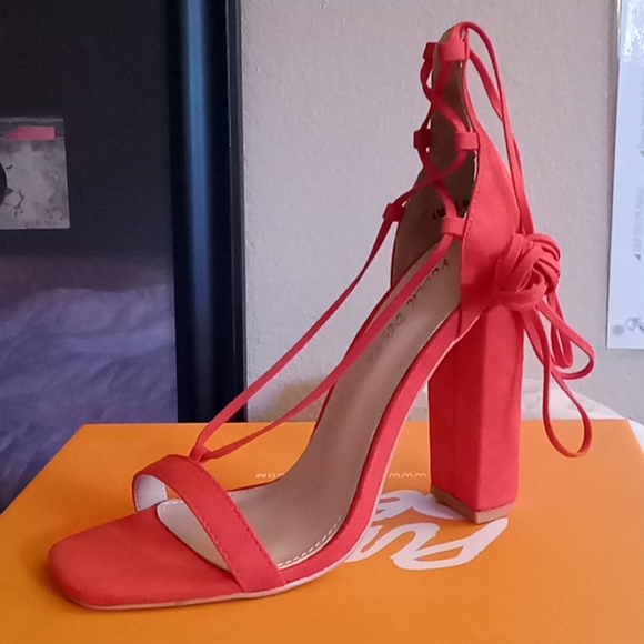 Public Desire Frankie Red Lace Up Heels - Picture 2 of 9